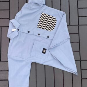 IMPORTED CRUSH FABRIC DOWNSHOULDER 3/4 SLEEV SKY BLUE SHIRT
