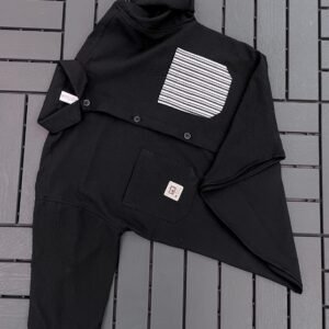 IMPORTED CRUSH FABRIC DOWNSHOULDER 3/4 SLEEV BLACK SHIRT