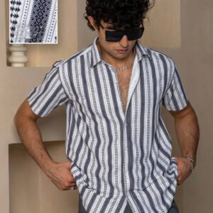 Men's Casual White Half Sleeve Cotton Fashion Striped Shirt