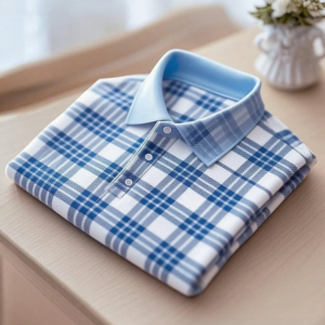 Men's Business Casual Blue Plaid Button-Down Short Sleeve Polo Shirt